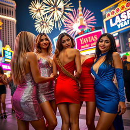 A captivating scene on the Las Vegas Strip at night during New Year's Eve, featuring three cute ladies dressed up for the nightclub in stylish short dresses with deep plunging cleavage