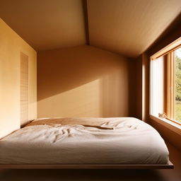 A minimalist bedroom painted in soothing earth tone colors with streamlined furniture and neutral bedding. Accents include natural textures and plenty of natural light.