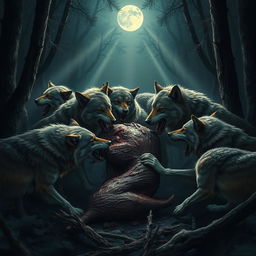 A pack of wolves in a dense forest, showcasing their raw power and teamwork while taking down a large prey