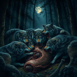 A pack of wolves in a dense forest, showcasing their raw power and teamwork while taking down a large prey