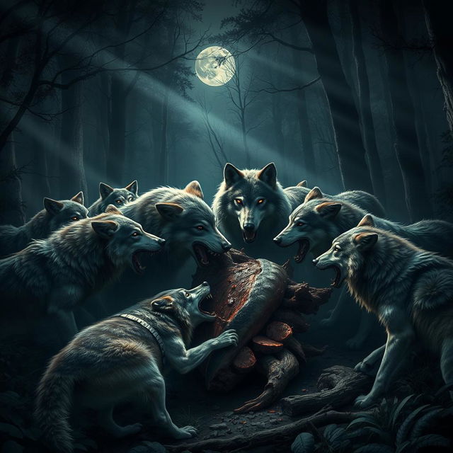 A pack of wolves in a dense forest, showcasing their raw power and teamwork while taking down a large prey