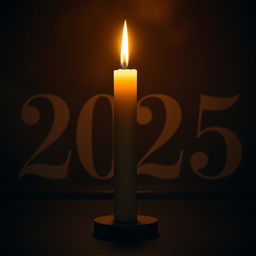 A large, flame-lit candle is standing upright on a dark wooden table
