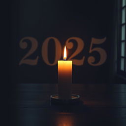 A large, flame-lit candle is standing upright on a dark wooden table
