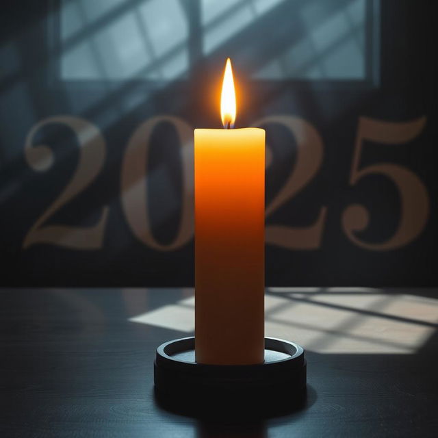 A large, flame-lit candle is standing upright on a dark wooden table