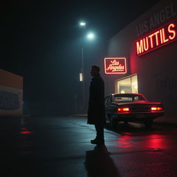 A dark, atmospheric Los Angeles street scene depicting a cinematic crime scenario