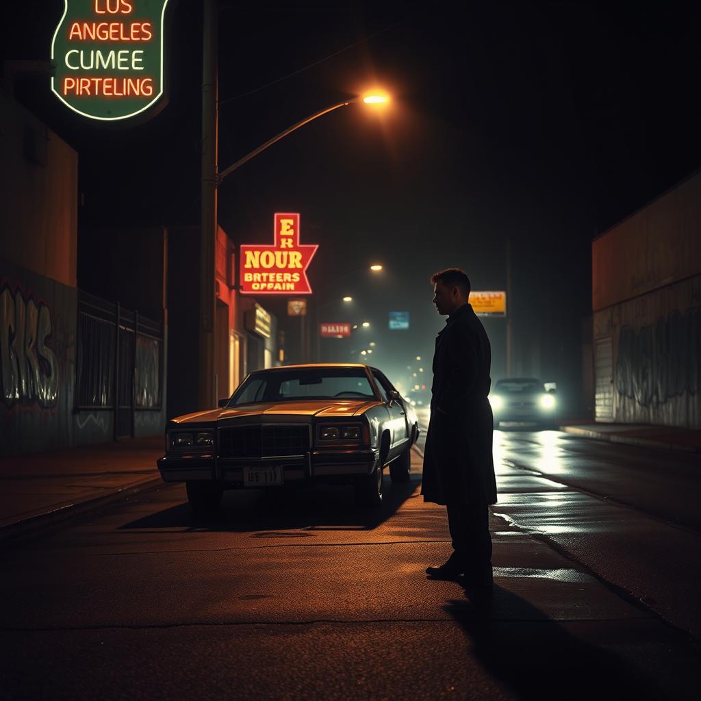 A dark, atmospheric Los Angeles street scene depicting a cinematic crime scenario