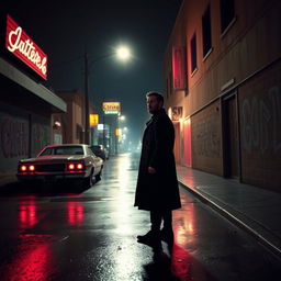 A dark, atmospheric Los Angeles street scene depicting a cinematic crime scenario