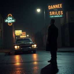 A dark, atmospheric Los Angeles street scene depicting a cinematic crime scenario