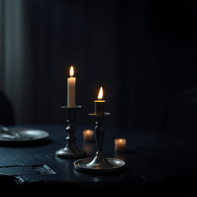 A close-up, cinematic shot of a dark, unusual table, displaying an elegant and vibrant candelabrum with a melting candle illuminating the surroundings