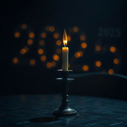 A close-up, cinematic shot of a dark, unusual table, displaying an elegant and vibrant candelabrum with a melting candle illuminating the surroundings