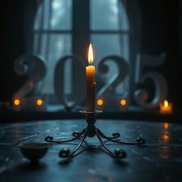 A close-up, cinematic shot of a dark, unusual table, displaying an elegant and vibrant candelabrum with a melting candle illuminating the surroundings