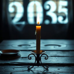 A close-up, cinematic shot of a dark, unusual table, displaying an elegant and vibrant candelabrum with a melting candle illuminating the surroundings