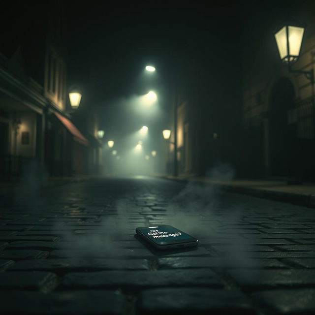 A dark, moody street scene illuminated by dim streetlights, creating a dramatic atmosphere