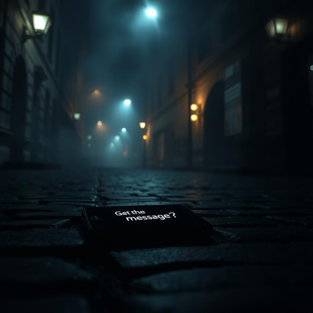 A dark, moody street scene illuminated by dim streetlights, creating a dramatic atmosphere