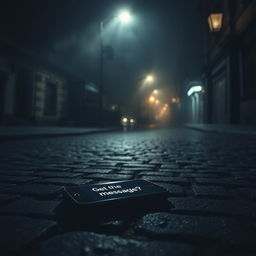 A dark, moody street scene illuminated by dim streetlights, creating a dramatic atmosphere