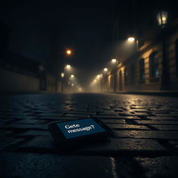 A dark, moody street scene illuminated by dim streetlights, creating a dramatic atmosphere