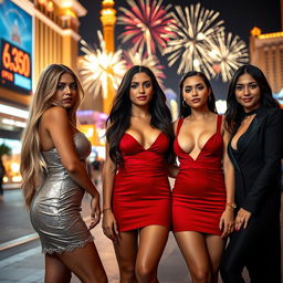 A captivating scene on the Las Vegas Strip at night during New Year's Eve, featuring three cute ladies dressed up for the nightclub in stylish short dresses with deep plunging cleavage