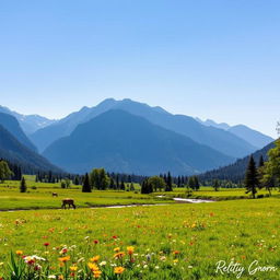 A serene landscape featuring a lush green meadow dotted with vibrant wildflowers under a clear blue sky