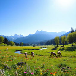 A serene landscape featuring a lush green meadow dotted with vibrant wildflowers under a clear blue sky