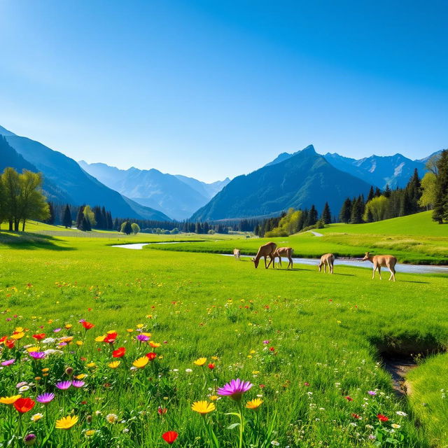 A serene landscape featuring a lush green meadow dotted with vibrant wildflowers under a clear blue sky