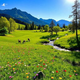 A serene landscape featuring a lush green meadow dotted with vibrant wildflowers under a clear blue sky