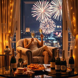 An elegant woman sitting in a luxurious armchair within a sophisticated New Year's Eve setting