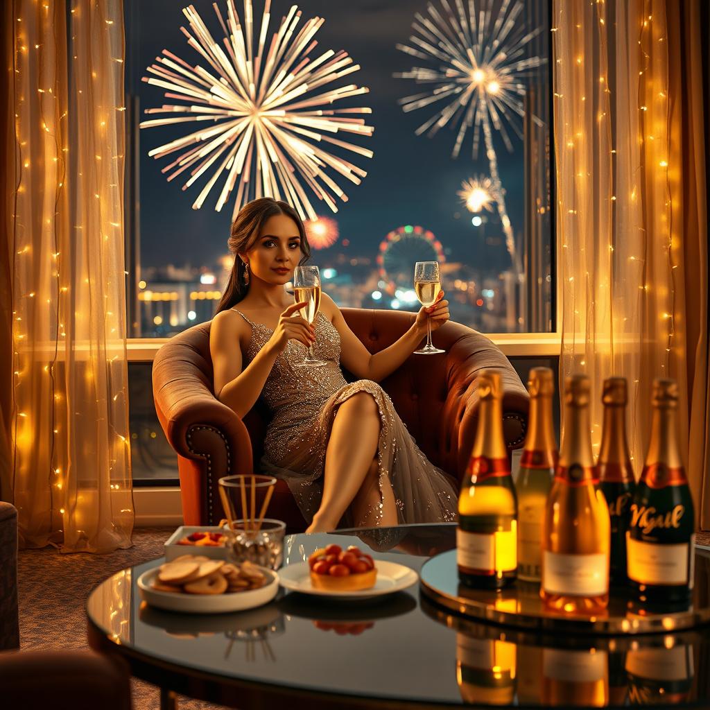 An elegant woman sitting in a luxurious armchair within a sophisticated New Year's Eve setting