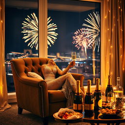 An elegant woman sitting in a luxurious armchair within a sophisticated New Year's Eve setting