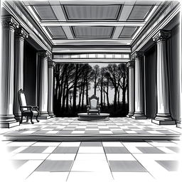 A neoclassical stage design for a scene from Shakespeare's Macbeth, featuring a dramatic and atmospheric setting