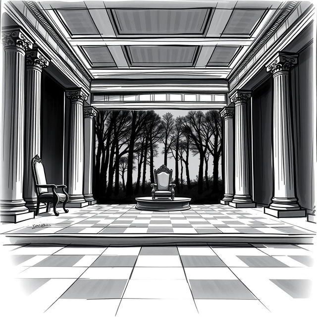 A neoclassical stage design for a scene from Shakespeare's Macbeth, featuring a dramatic and atmospheric setting