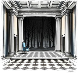 A neoclassical stage design for a scene from Shakespeare's Macbeth, featuring a dramatic and atmospheric setting