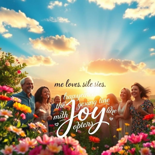 A serene and uplifting landscape embodying the essence of joy and blessings mentioned in the verse, depicting a group of diverse people celebrating life and nature