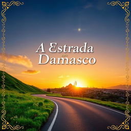 A visually striking thumbnail for a video titled 'A Estrada para Damasco', featuring a winding road that leads into a breathtaking sunset over the ancient city of Damascus