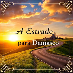 A visually striking thumbnail for a video titled 'A Estrada para Damasco', featuring a winding road that leads into a breathtaking sunset over the ancient city of Damascus