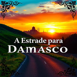 A visually striking thumbnail for a video titled 'A Estrada para Damasco', featuring a winding road that leads into a breathtaking sunset over the ancient city of Damascus