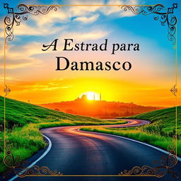 A visually striking thumbnail for a video titled 'A Estrada para Damasco', featuring a winding road that leads into a breathtaking sunset over the ancient city of Damascus
