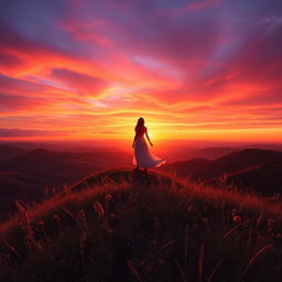 A breathtaking landscape featuring a captivating sunset over rolling hills, with vibrant hues of orange, pink, and purple in the sky