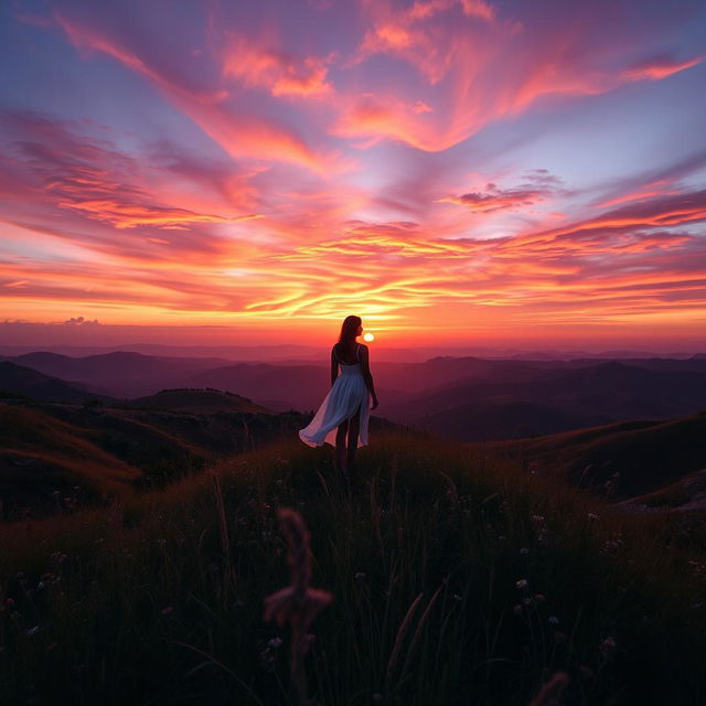 A breathtaking landscape featuring a captivating sunset over rolling hills, with vibrant hues of orange, pink, and purple in the sky