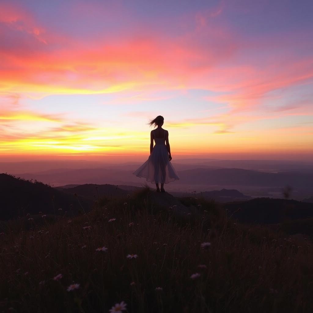 A breathtaking landscape featuring a captivating sunset over rolling hills, with vibrant hues of orange, pink, and purple in the sky