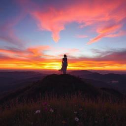 A breathtaking landscape featuring a captivating sunset over rolling hills, with vibrant hues of orange, pink, and purple in the sky