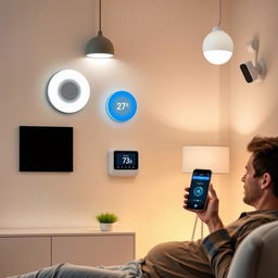A modern, smart room with minimalist decor, showcasing various smart devices such as sleek smart lights, a stylish smart speaker, a digital thermostat mounted on the wall, and a contemporary security camera