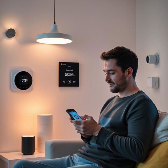 A modern, smart room with minimalist decor, showcasing various smart devices such as sleek smart lights, a stylish smart speaker, a digital thermostat mounted on the wall, and a contemporary security camera