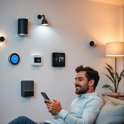 A modern, smart room with minimalist decor, showcasing various smart devices such as sleek smart lights, a stylish smart speaker, a digital thermostat mounted on the wall, and a contemporary security camera
