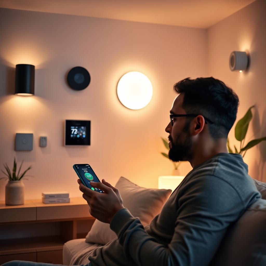 A modern, smart room with minimalist decor, showcasing various smart devices such as sleek smart lights, a stylish smart speaker, a digital thermostat mounted on the wall, and a contemporary security camera