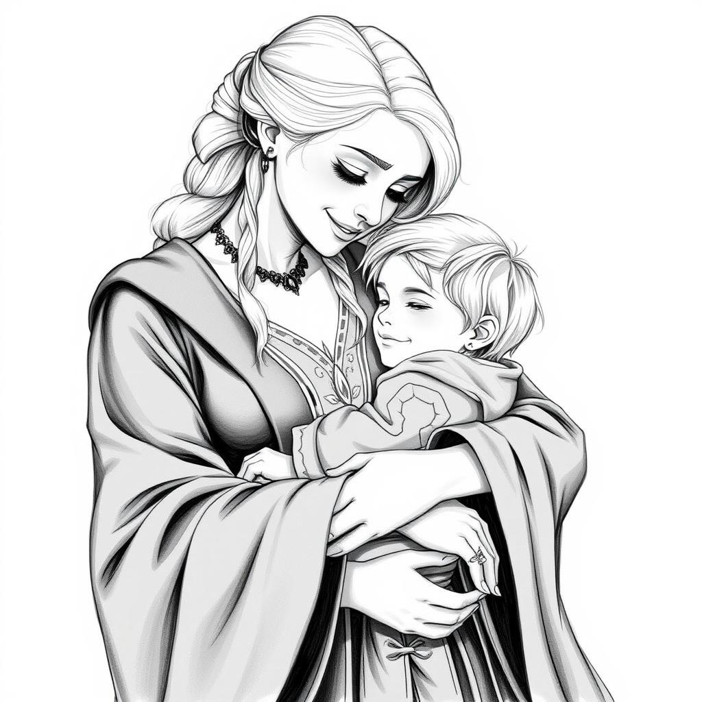A beautiful black and white drawing of Narcissa Malfoy cradling her son Draco in her arms with a tender expression