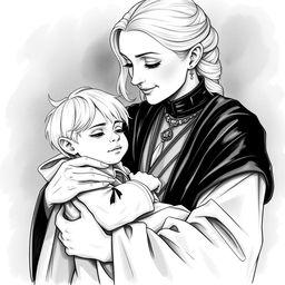 A beautiful black and white drawing of Narcissa Malfoy cradling her son Draco in her arms with a tender expression