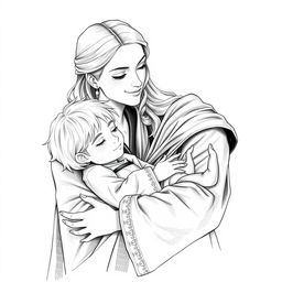A beautiful black and white drawing of Narcissa Malfoy cradling her son Draco in her arms with a tender expression