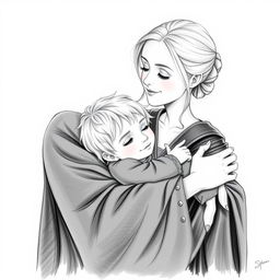 A beautiful black and white drawing of Narcissa Malfoy cradling her son Draco in her arms with a tender expression