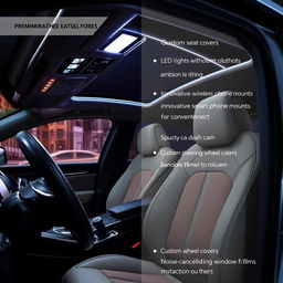 A luxurious and stylish car interior transformed into a functional sanctuary with premium accessories