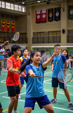 A dynamic and emotional scene depicting a badminton training session where young athletes are showcasing their skills on the court, emphasizing teamwork and camaraderie